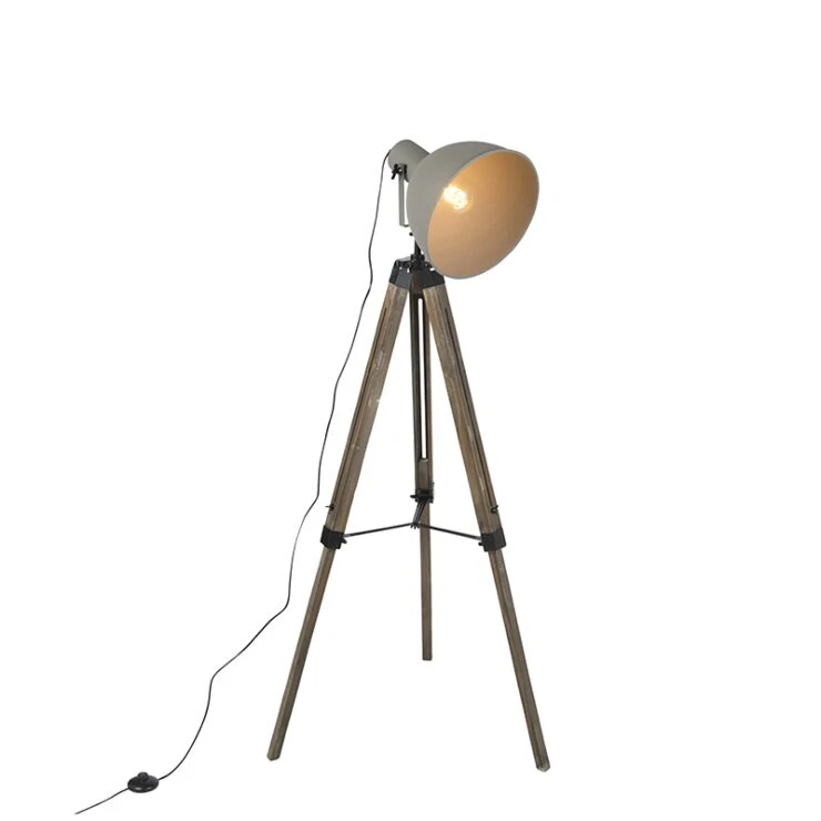 Industrial floor lamp on wooden tripod with gray shade